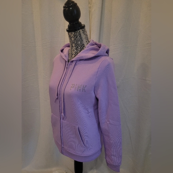 NEW Victoria's Secret PINK Fleece Zip Up Hoodie Purple Petal Glitter Logo - Picture 8 of 9